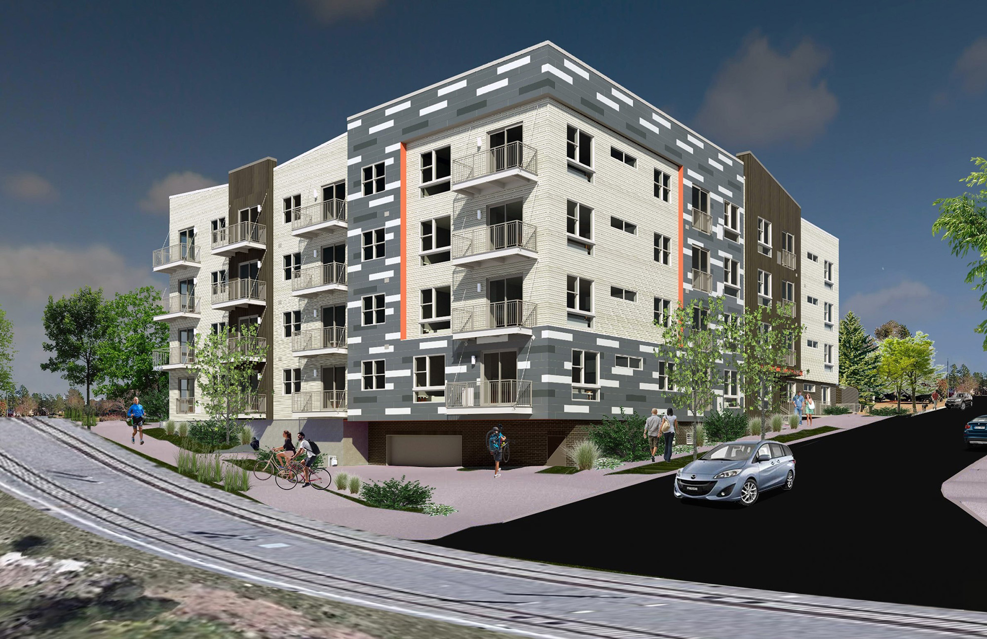 rendering of 4 storey building at 12th and benton along the light rail corridor
