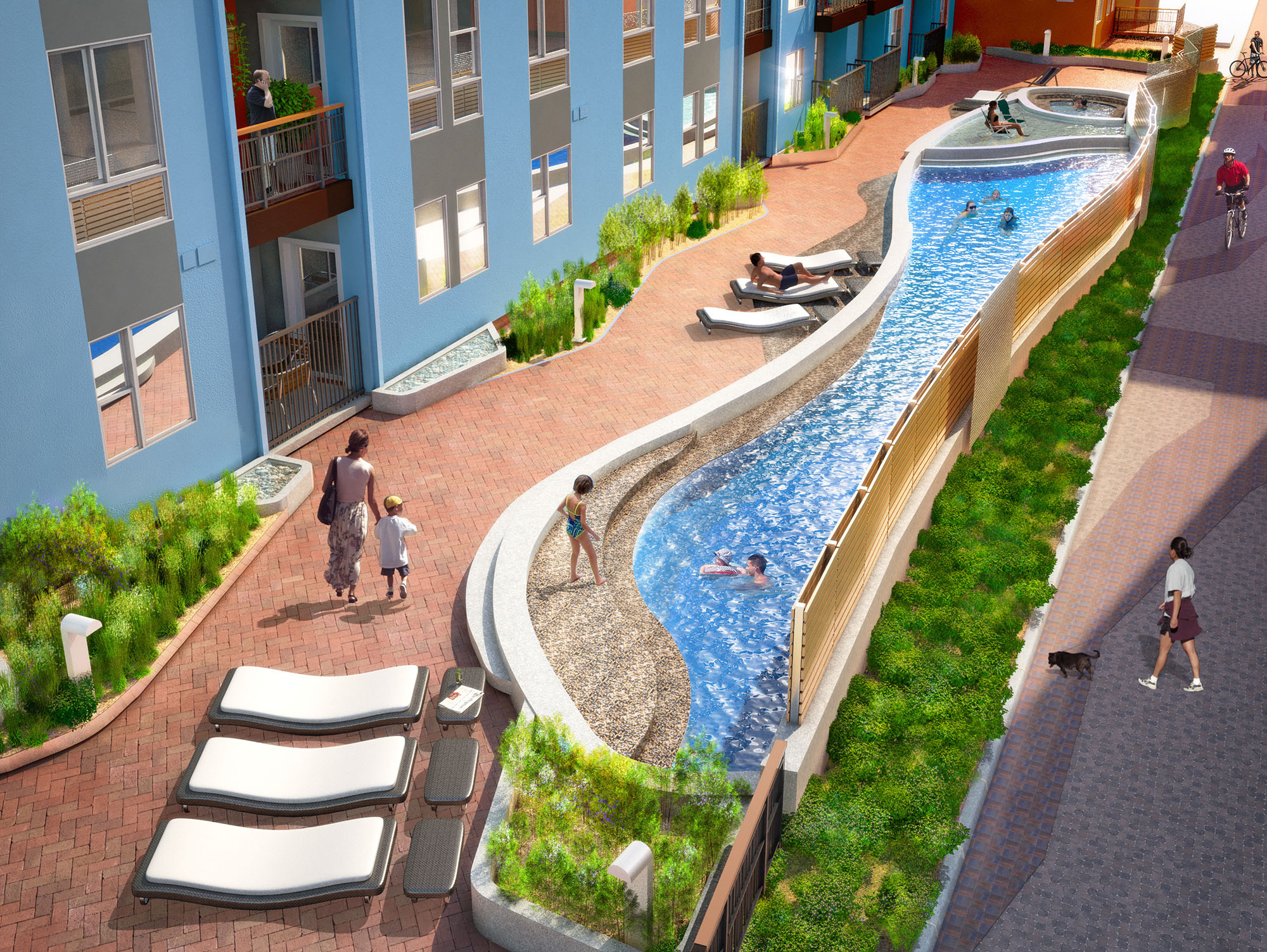 rendering of a pool with deck chairs and plantings