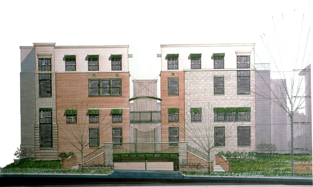 Colored front elevation sketch of Clarkson Lofts