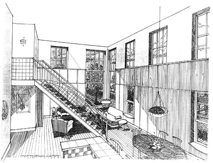 Sketch of interior of Lobby at Clarkson Lofts