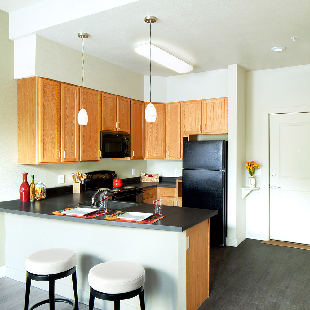 interior view of kitchen at lumien apartmetns in durango colorado