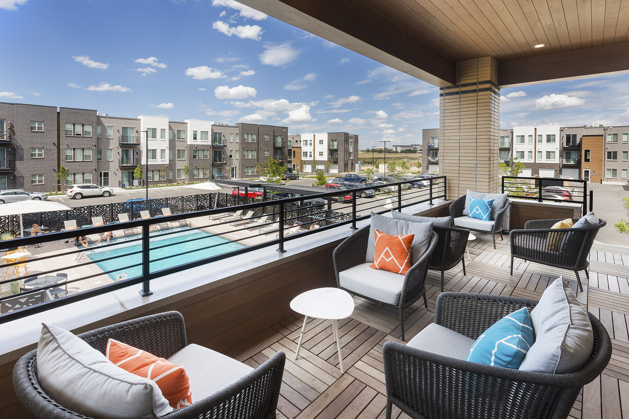 roof deck overlooking pool are with seating at Elevate at Pena Station