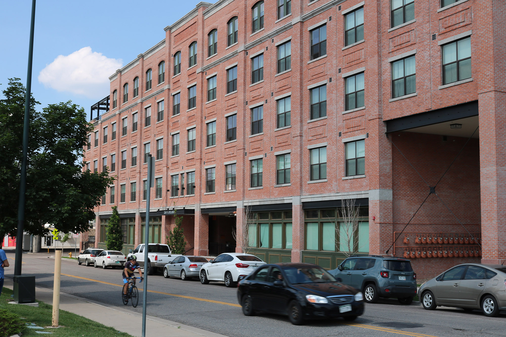 exterior facade facing west evans station lofts