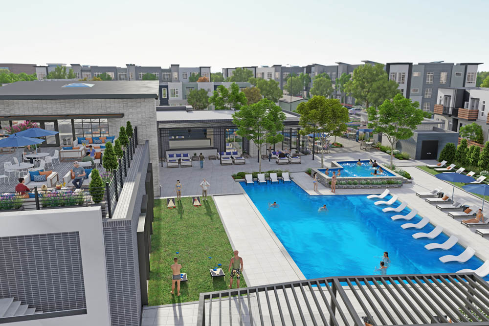rendering of clubhouse building with roof deck terrace overlooking pool area Greyhound Flats