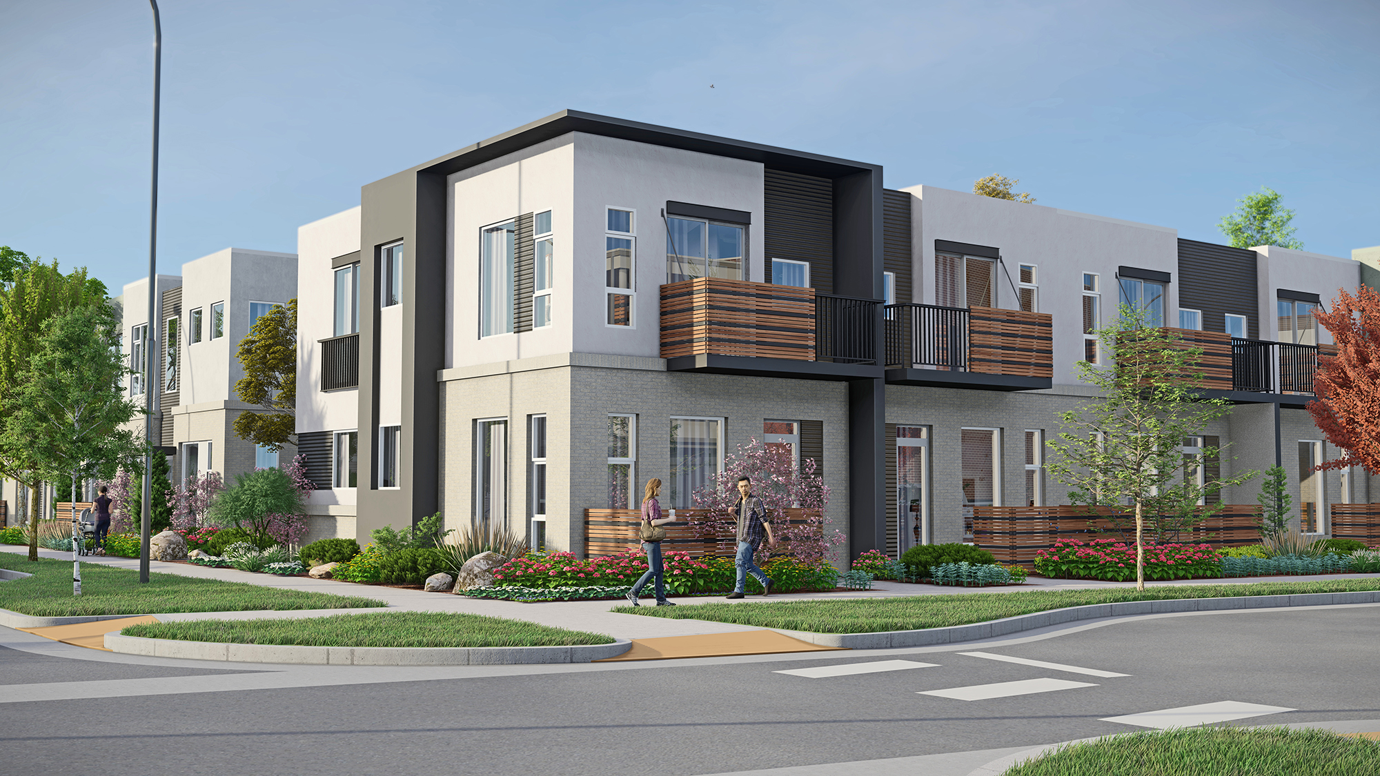 Rendering of Corner exterior of two storey apartments with balconies