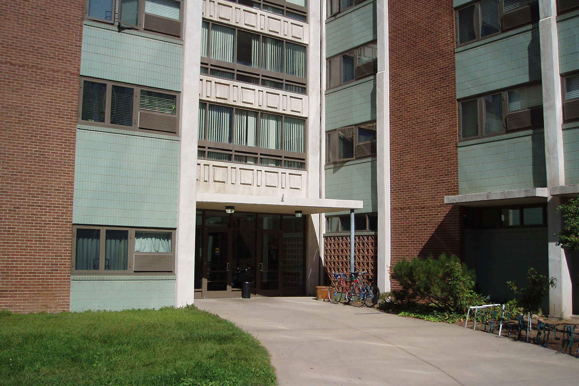 View of front entry of Hirschfield tower before renovation