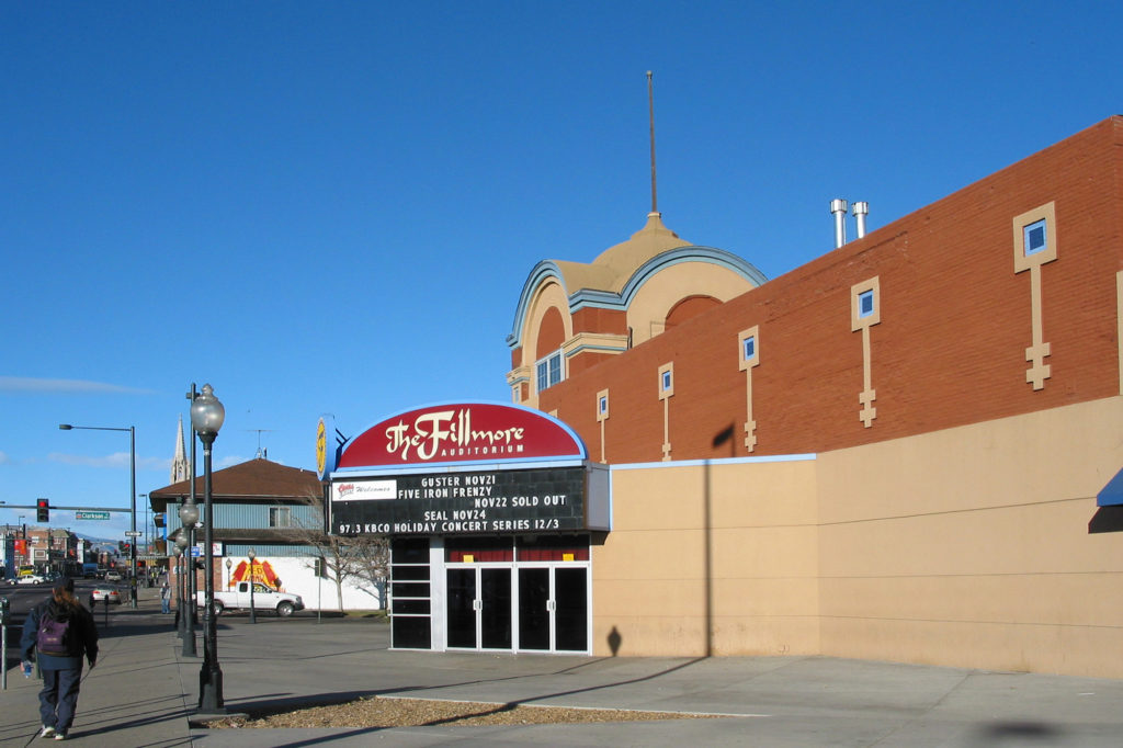 View looking west at entrance of Filmore Auditorium on Colfax Avenue