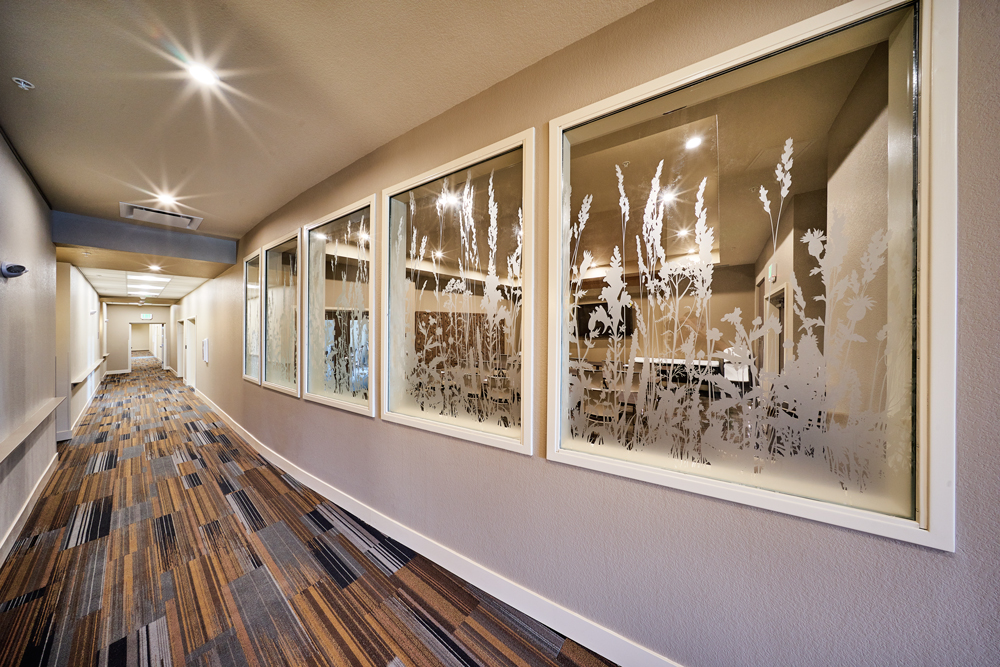 view of interior corridor with etched glass windows looking into community space at nine mile station senior living