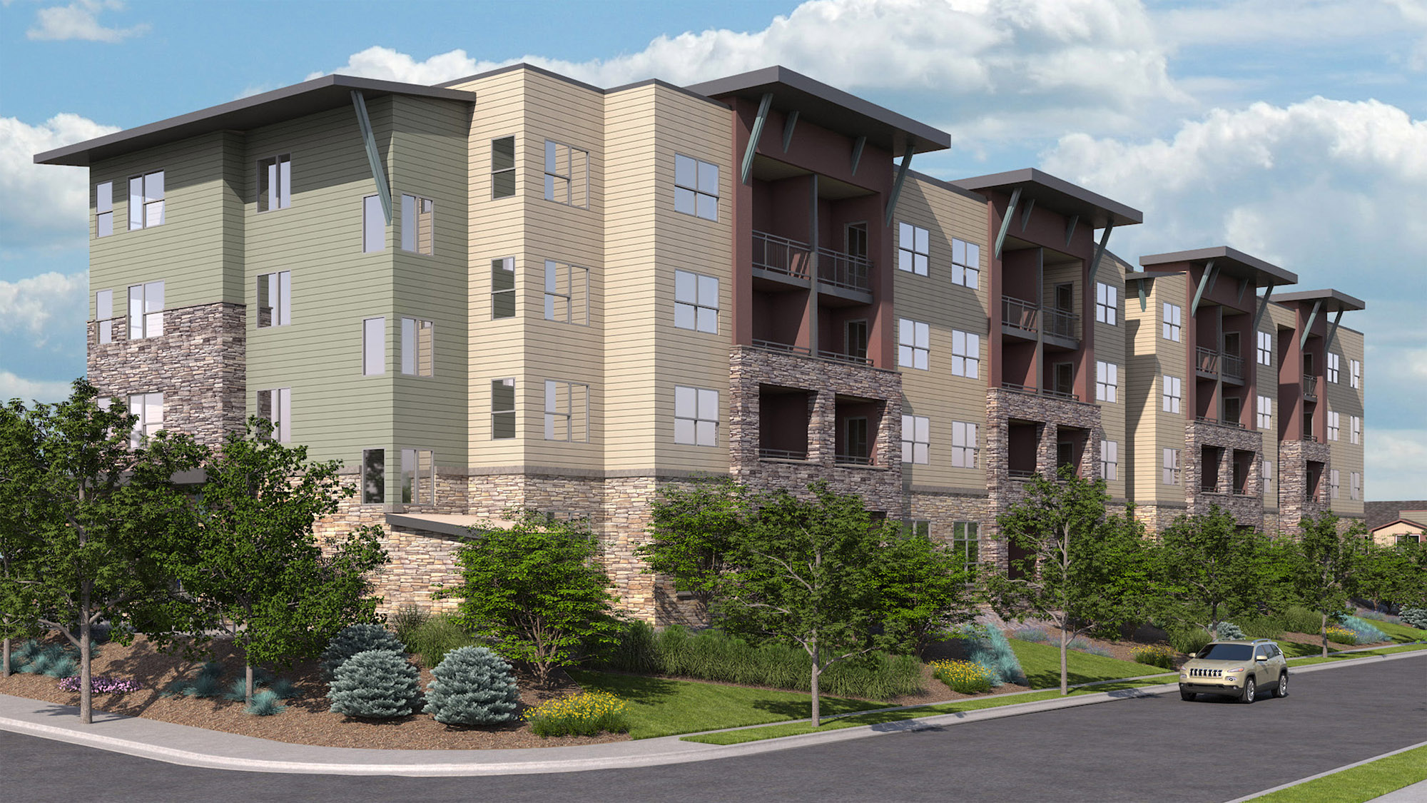 rendering of south east corenr of northwest apartments