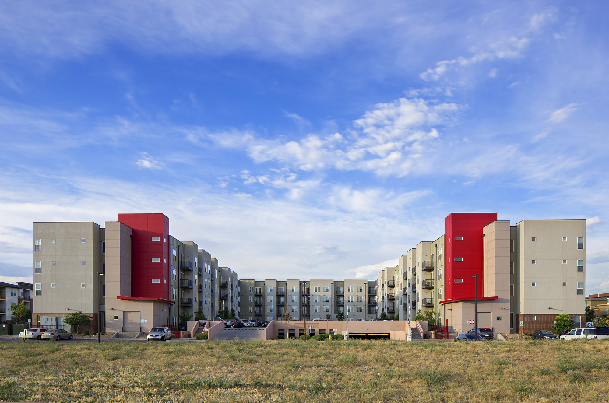 4 storey U shaped building exterior view facing west