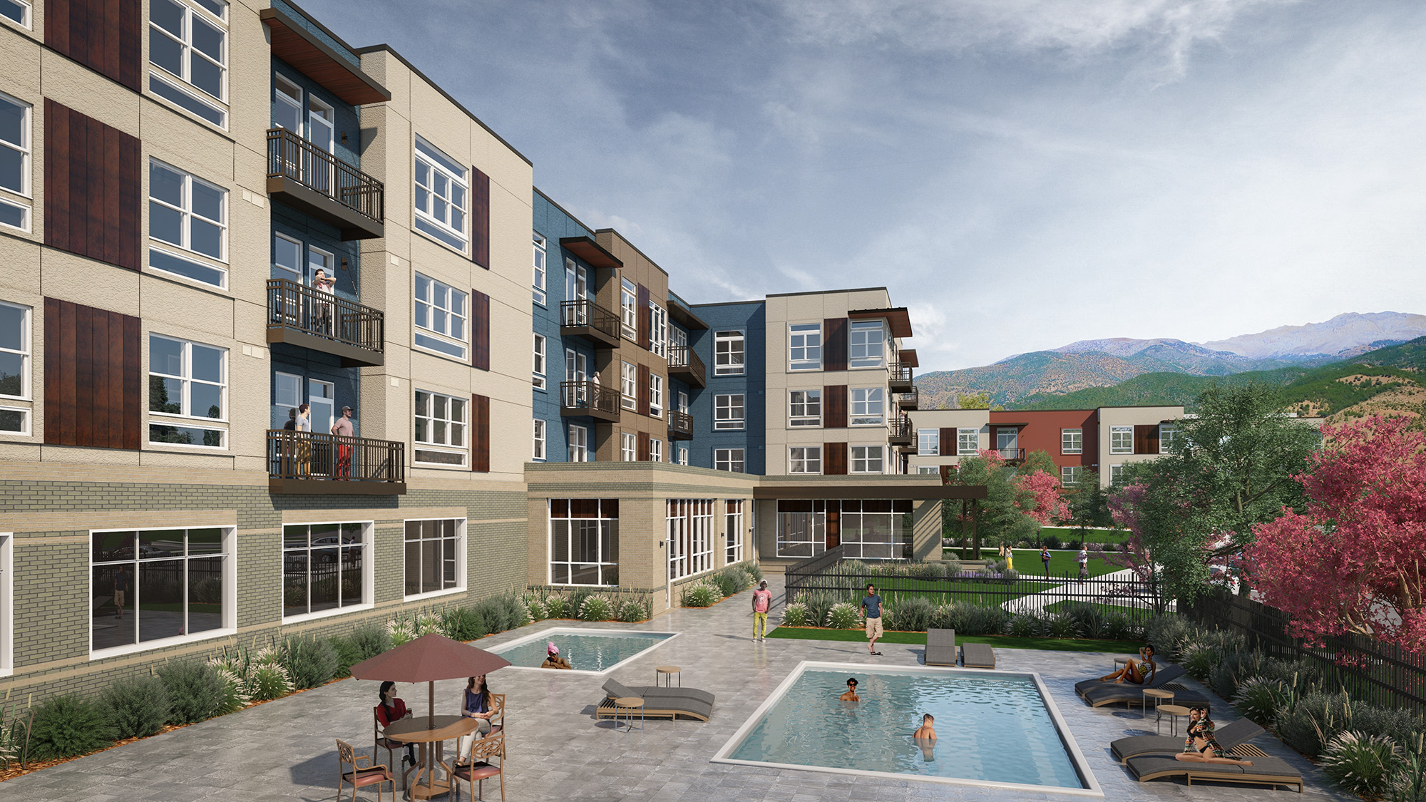 rendering of 4 storey apartment building overlooking pool area with deck, hot tub, seating, planting and mountains in background